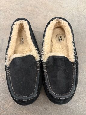 UGG Black Suede Moccasin Slippers with Cream Shearling